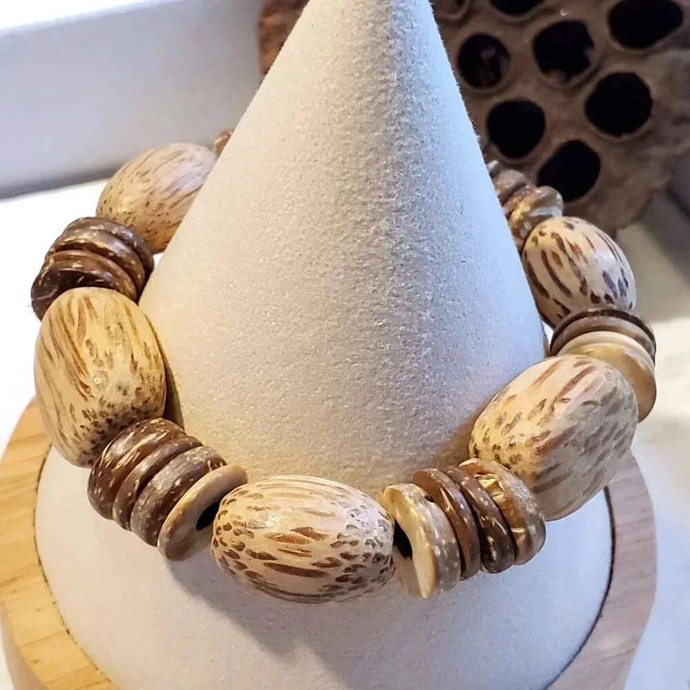 Chunky Natural Coconut Palm Wood Beads Handcrafted Small Stretch Bangle Bracelet